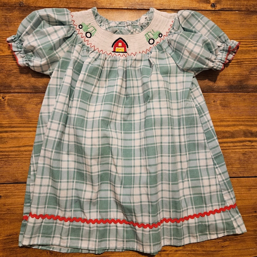 Marie Nicole Smocked Farm Dress Girls Size Small 2T Green Plaid Barn Tractor